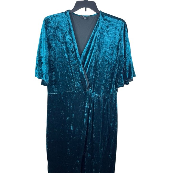 Joanna Hope Teal Crushed Velvet Wrap 20 Midi Dress Short Sleeve Holiday Party - Picture 2 of 14